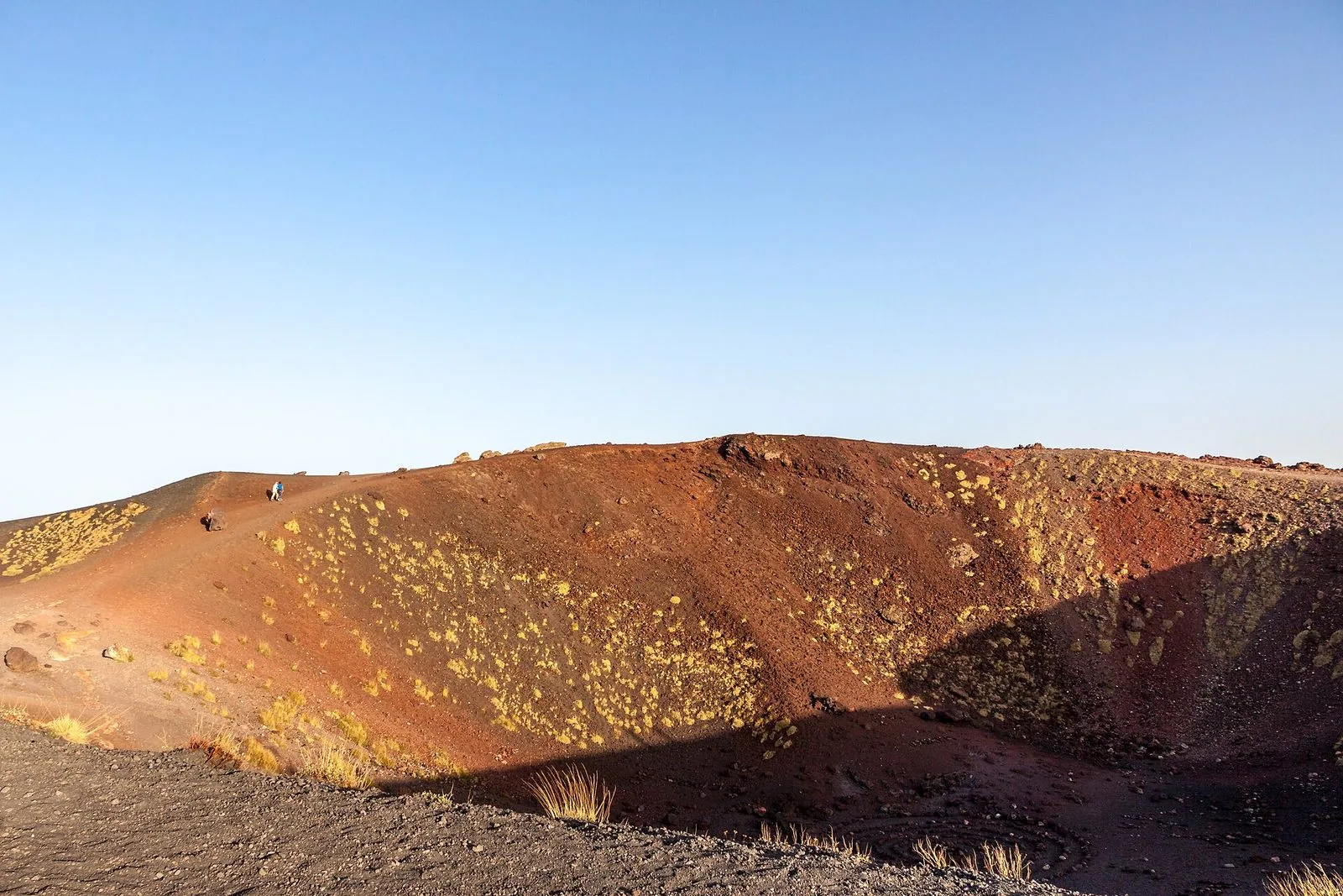 Il bordo di uno dei Crateri Silvestri sull'Etna, con pendii di scorie rosse e nere e ciuffi di vegetazione sotto un cielo sereno